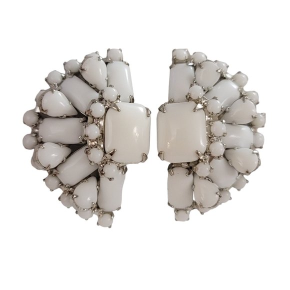Warner White Cluster Round Square Milk Glass Half Moon Clip On Earrings, K985